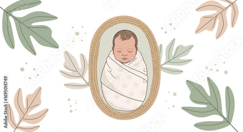 Illustration of a newborn baby swaddled in a blanket with leaves around its frame