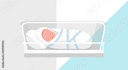 Illustration of a newborn baby swaddled in a hospital bed in a minimalist style
