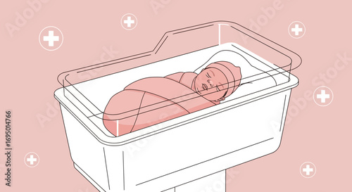 Illustration of a newborn baby swaddled in a hospital bassinet with medical symbols