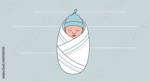 Illustration of a newborn baby swaddled in a blanket, sleeping peacefully, vector art