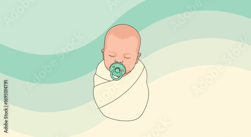 Illustration Of A Newborn Baby Swaddled With A Pacifier, In Pastel Background
