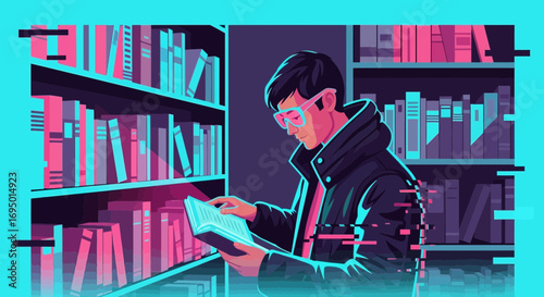 A student immersed in reading a book in a library with vibrant neon aesthetics and pixelated accents