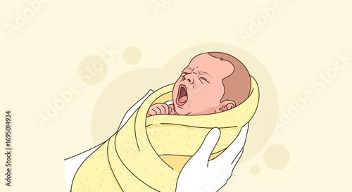 Illustration of a newborn baby yawning in a swaddle held by a person