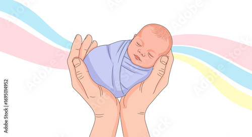 Illustration of a newborn infant being held gently in hands, representing care and protection