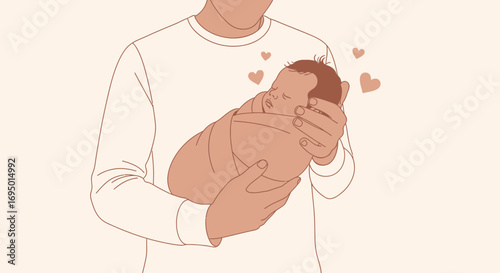 Illustration of a Parent Holding a Newborn Baby with Hearts, Displaying Love and Care
