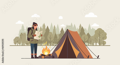 Illustration of a person camping in the forest near a tent and bonfire