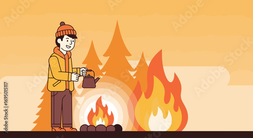 Illustration of a person camping in the outdoors near a campfire and heating water