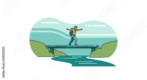 Illustration of a person carefully walking on a bridge over water, balancing himself