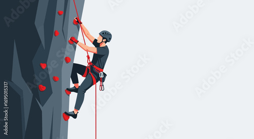 Illustration of a person climbing a rock wall using climbing gear and safety equipment