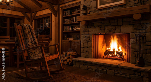 Cozy interior with a fireplace, rocking chair, and bookshelf creates a warm atmosphere