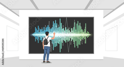 A visitor interacts with interactive sound wave artwork in a modern gallery space