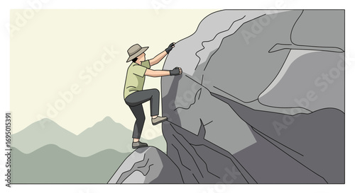 Illustration of a person climbing a steep rock outdoors in a nature setting