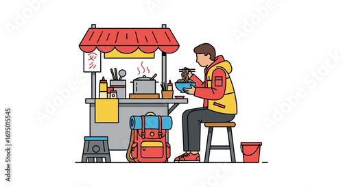 Illustration of a person eating noodles at a food stall on a white background