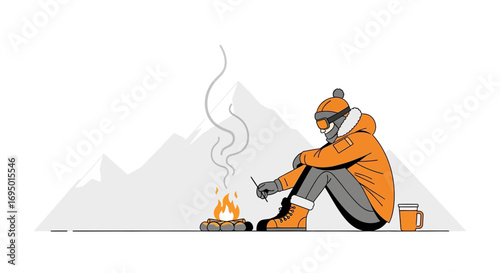 Illustration of a person enjoying a campfire in the cold mountain landscape