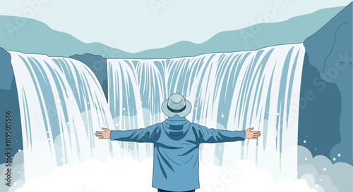 Illustration of a person enjoying a waterfall view and arms wide open in a peaceful moment