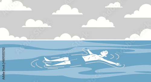 Illustration of a person floating on water with clouds in the sky in a relaxing scene