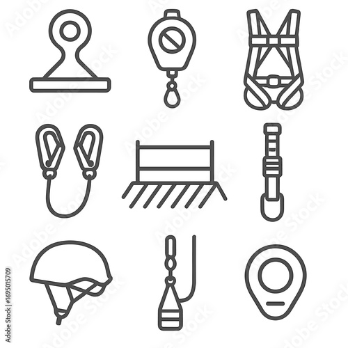 Fall Protection Icons. Line style icons of fall protection equipment: anchor point symbol, retractable lifeline, full-body harness