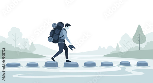 Illustration of a person hiking across a river adventure journey and traveling concepts