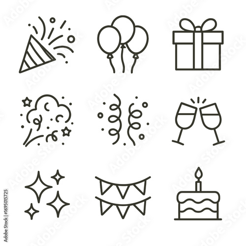 Celebration Icons. Line style icons of general celebration symbols: party popper explosion, balloon cluster icon, wrapped gift box