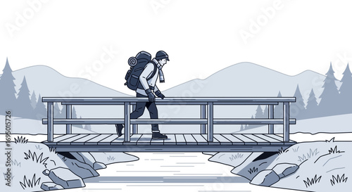 Illustration of a person hiking across a wooden bridge through an outdoor landscape