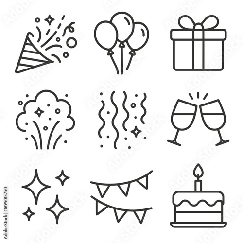 Celebration Icons. Line style icons of general celebration symbols: party popper explosion, balloon cluster icon, wrapped gift box
