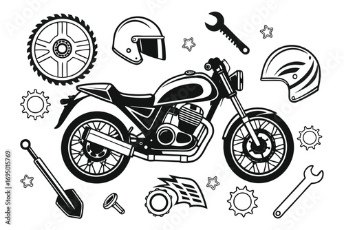 Racing, motorsport and speed Icon set – black silhouette symbols collection. Ideal for motorsport designs, racing events, car repair service graphics