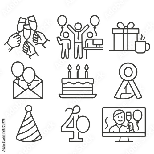 Corporate Celebration Icons. Line style icons of office and corporate celebration: team toast icon, party in office scene, gift on