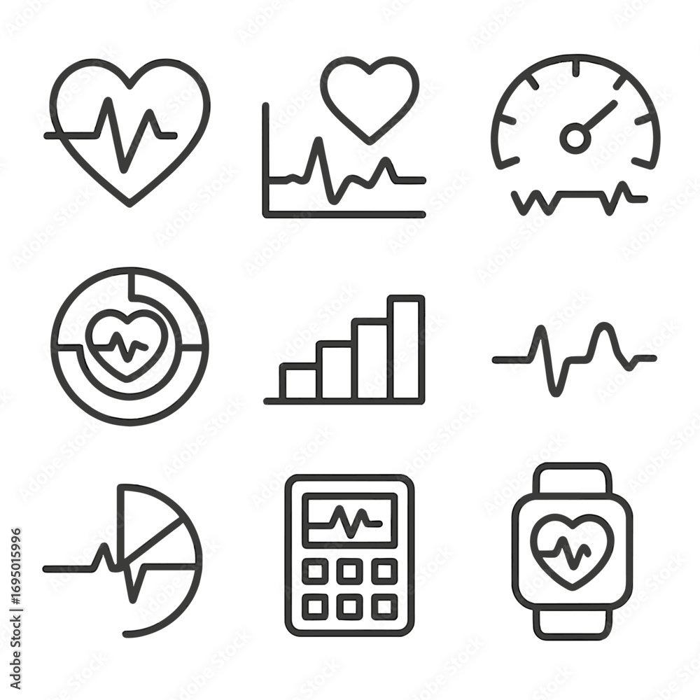 Fototapeta premium Heart Rate Icons. Line style icons of heart rate and performance zones: heart icon with beats, zone 1-5 chart, anaerobic threshold