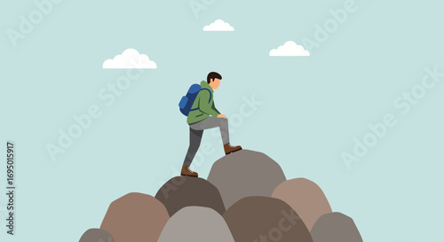 Illustration of a Person Hiking up a Mountain, Representing Adventure and Achievement