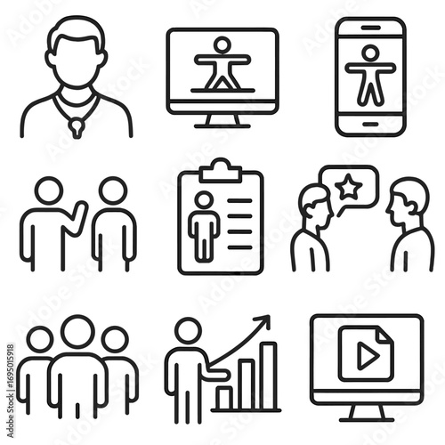 Personal Training Icons. Line style icons of personal training and coaching: trainer with whistle, guided workout screen, virtual