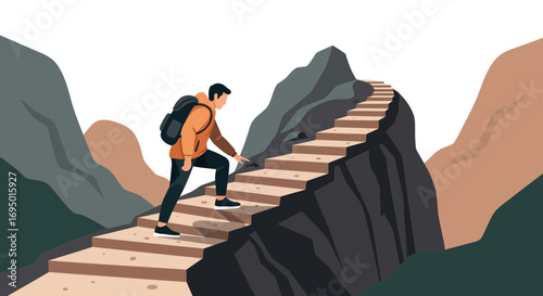 Illustration of a person hiking up steps on a mountain representing progress and overcoming challenges
