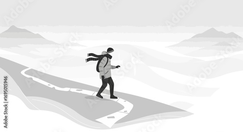 Illustration of a person hiking uphill in a snowy mountain landscape in winter