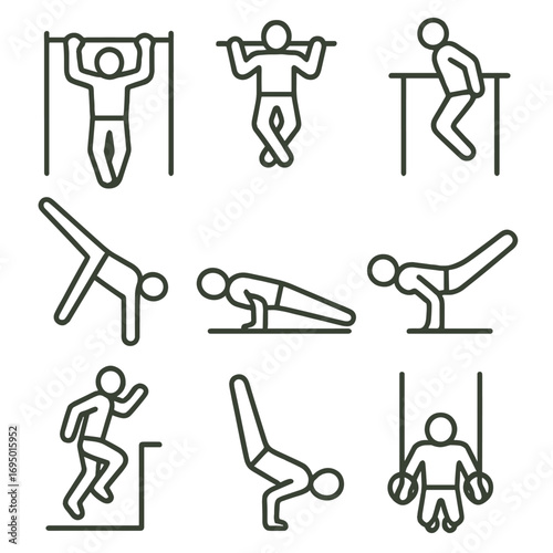 Calisthenics Line Icons. Line style icons of calisthenics and street workout: pull-up on bar icon, muscle-up motion, parallel bar