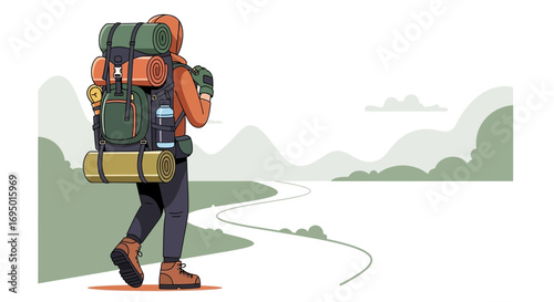 Illustration of a person hiking with mountains in the background vector graphic design