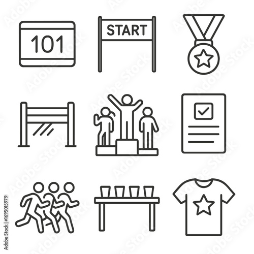 Fitness Competition Icons. Line style icons of fitness competitions and events: race bib number, start line icon, podium winners