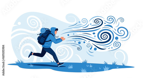 Illustration of a Person Hiking with a Backpack Experiencing Strong Winds and Weather
