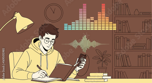 A young man wearing glasses studies at his desk with a book and a smartphone in hand