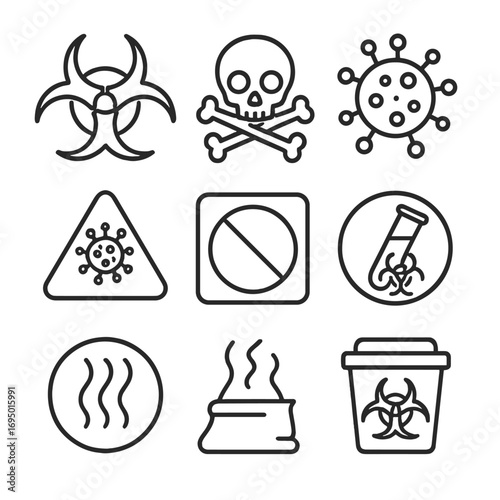 Biohazard Symbols Collection. Line style icons of biohazard and health risk symbols: biohazard icon, toxic material warning, virus