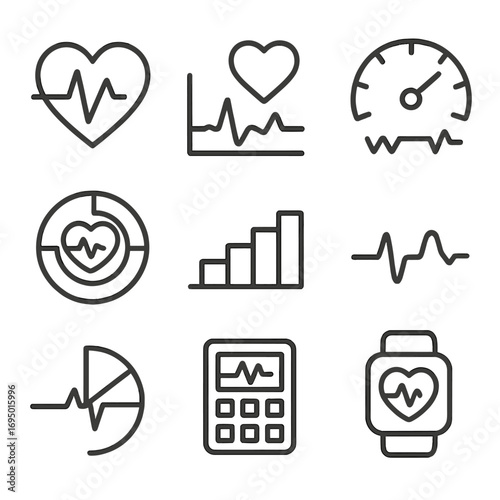 Heart Rate Icons. Line style icons of heart rate and performance zones: heart icon with beats, zone 1-5 chart, anaerobic threshold