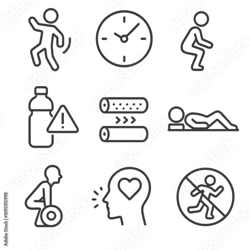 Fitness Safety Icons. Line style icons of fitness safety and injury prevention: warm-up sign, cooldown clock icon, proper form
