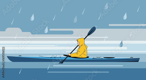 Illustration of a person kayaking in the rain with a yellow raincoat on a cloudy day