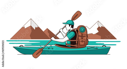 Illustration of a person kayaking in a lake near mountains during a sunny day time
