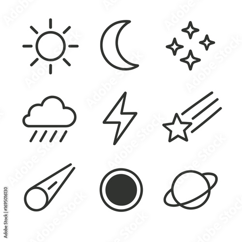 Celestial Line Icons. Line style icons of simplified celestial elements: sun with rays, crescent moon, stars cluster, cloud and