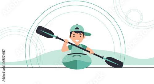 Illustration of a person kayaking on a calm lake with a cheerful expression