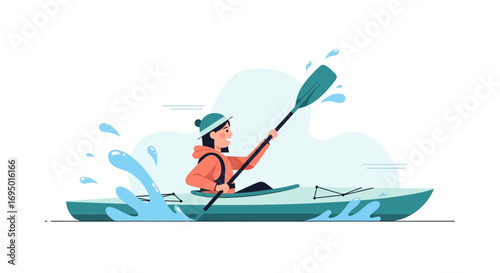 Illustration of a person kayaking on water with a paddle, outdoor activities and fun