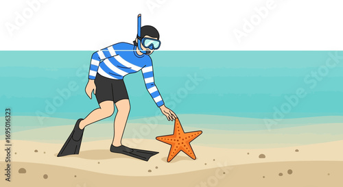 Illustration of a person on a beach looking at a starfish with snorkeling gear
