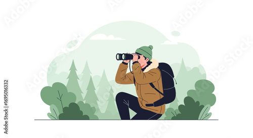 Illustration of a person observing nature with binoculars in a forest scene