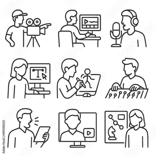 Creative Industry Icons. Line style icons of creative industry roles in multimedia: filmmaker directing, editor at desk, voice