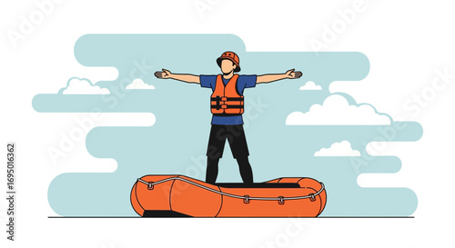 Illustration of a person on a raft, arms outstretched, life vest and helmet safety