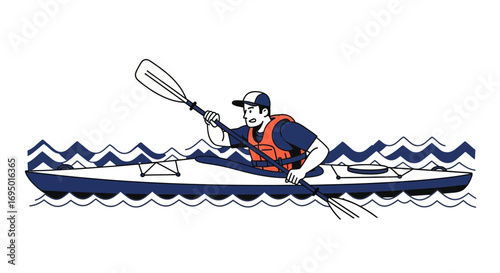 Illustration of a person paddling a kayak on water; water sports illustration